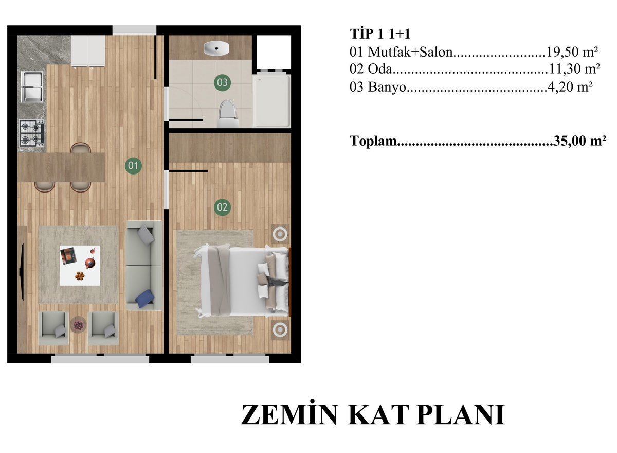 TEFKA Diamond 1+1 Kat Planı